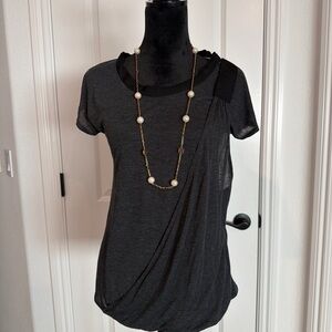 LOFT Charcoal Gray Draped Short-Sleeve Top with Shoulder Detail